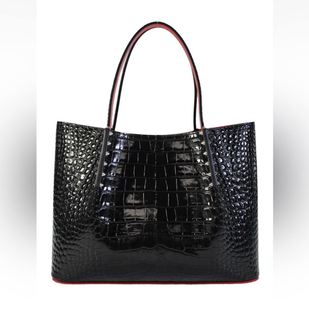 Christian Louboutin Croc Embossed Spike Cabarock Tote Handbag Black